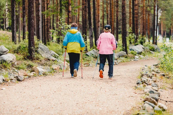 高齢の女性は、針葉樹林の棒でノルディックウォーキング行く,フィットネスのために良い概念 — ストック写真