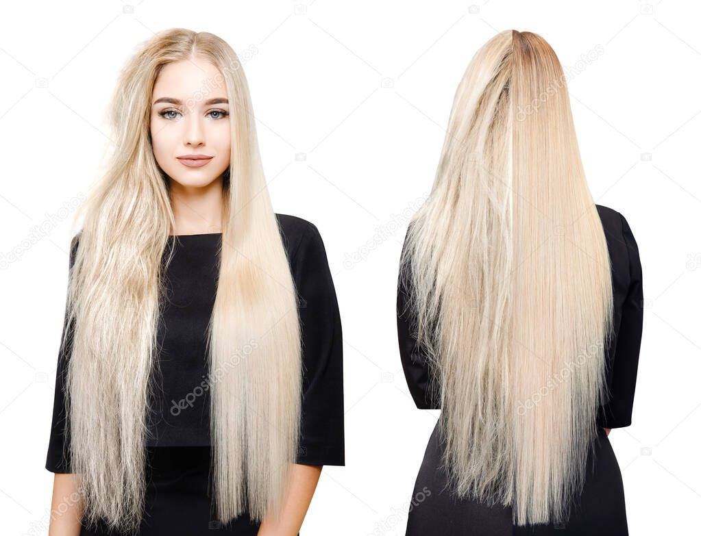Sick, cut and healthy hair care keratin. Before and after treatment. White isolated background