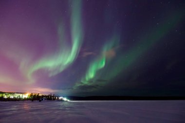 Kuzey parlayan gece gökyüzü, parlak ışıklar ufukta görünür ormanda.