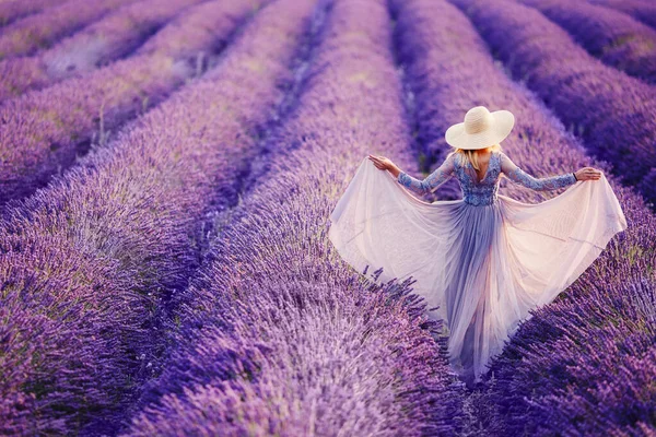 在日落时穿着紫色衣服的薰衣草花丛中的女人。法国, 普罗旺斯 — 图库照片