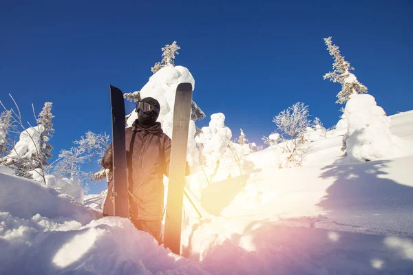 Skifahrer, die bei sonnigem Wetter in den Bergen und Wäldern abfahren. Extremer Wintersport — Stockfoto