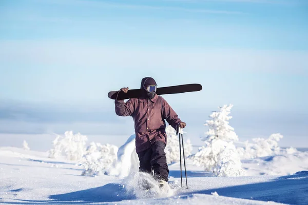 Esquiador se eleva por la pendiente con esquís contra el telón de fondo de las montañas de los Alpes. Concepto freeride —  Fotos de Stock