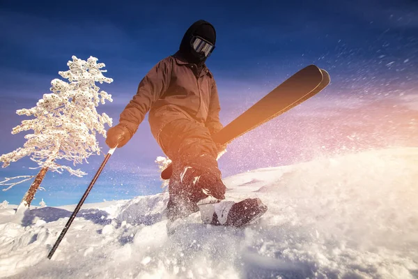 Koncept extrémního sportovního lyžování. Freeride zima v čerstvém sněhu — Stock fotografie