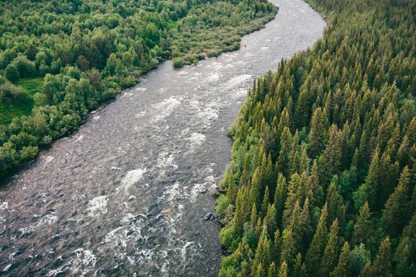 Río de montaña con rápidos y cascadas bosque de coníferas en verano. Vista superior aérea — Foto de Stock