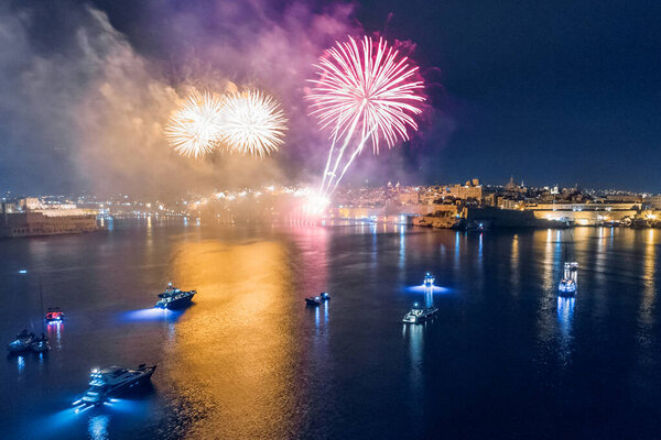 Malta Festival of fireworks in Valletta. Travel concept. Aerial photo Stock Picture