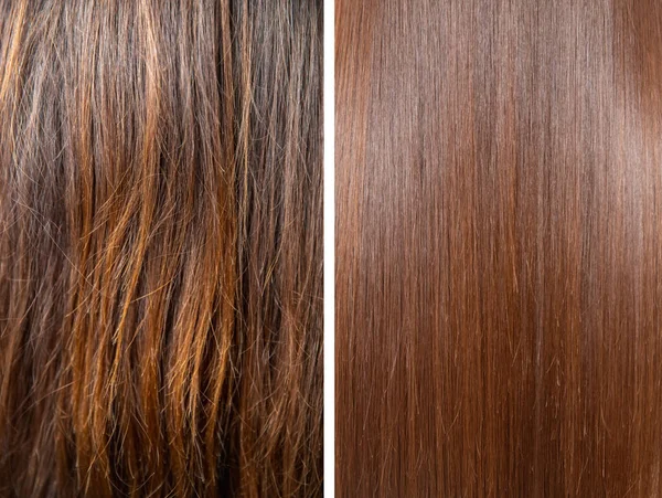 Cuidado del cabello enfermo, cortado y saludable alisado. Antes y después del tratamiento — Foto de Stock
