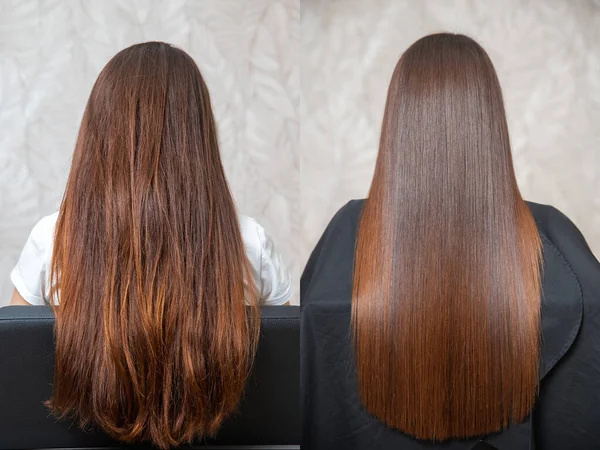 Cuidado del cabello enfermo, cortado y saludable alisado. Antes y después del tratamiento — Foto de Stock