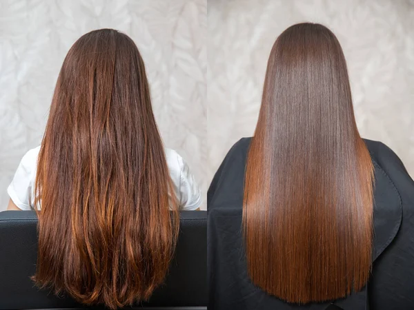 Soin des cheveux malades, coupés et sains lissage. Avant et après le traitement — Photo