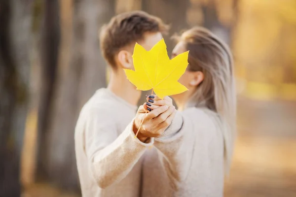 Coppia baci e si chiude con acero foglia gialla nel parco autunnale, romantico appuntamento felice. Concetto di amore, relazione, privacy — Foto Stock