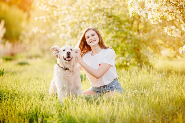 Beste Freunde, junge Frau mit Hund Retriever auf Spaziergang im Sommerpark, Sonnenlicht — Stockfoto