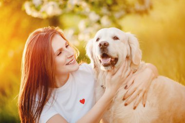 Güzel kız yaz parkında Labrador Retriever köpeğine sarılıyor, gün batımında. Hayvanlar en iyi arkadaş konsepti