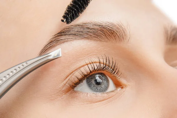 Master pinzas depilación del pelo de las cejas en las mujeres, corrección de la frente — Foto de Stock