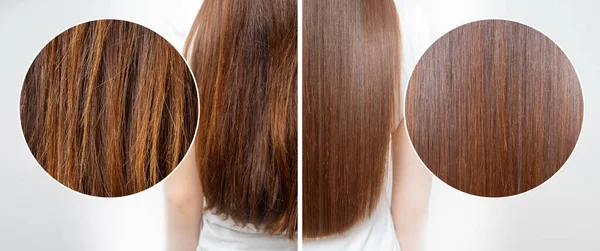 Doente, corte e alisamento de cuidados com o cabelo saudável. Antes e depois do tratamento — Fotografia de Stock
