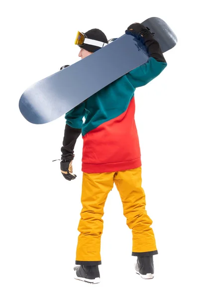 Portrait young man in sportswear with snowboard isolated white background, back view — Stock Photo, Image