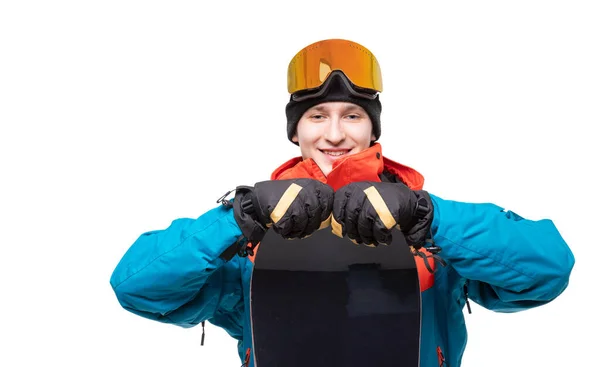 White isolated background with snowboard male snowboarder banner — Stock Photo, Image