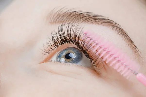 Procédure d'extension des cils. Beaux yeux féminins avec de longs cils, gros plan — Photo