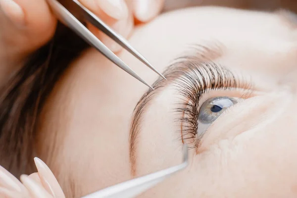 Vrouw meester maken nep lange wimper uitbreiding procedure — Stockfoto