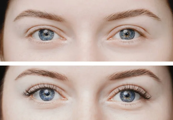 Szempilla-hosszabbítási eljárás előtt és után. Gyönyörű és kifejező szemei fiatal nő hamis hosszú szempillák — Stock Fotó