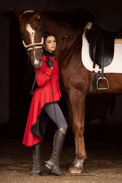 Femme jockey souriante debout avec cheval brun dans l'écurie, fond noir — Photo