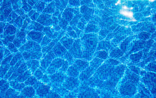 具有折射太阳的蓝色游泳池背景纹理面 — 图库照片