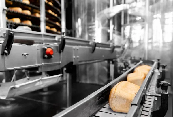 Geautomatiseerde productielijn bakkerij Verse warm gebakken brood — Stockfoto