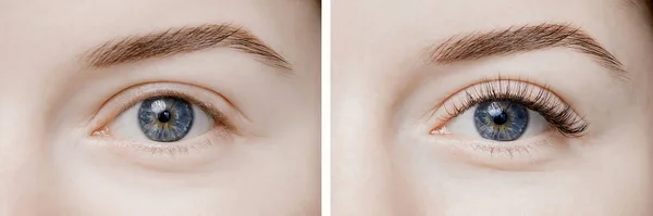 Înainte și după procedura de prelungire a genelor. Ochi frumoși și expresivi ai unei femei tinere cu gene lungi false — Fotografie, imagine de stoc