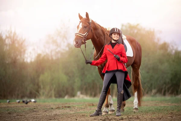 Sport équestre femme jockey dressage cheval en plein air — Photo