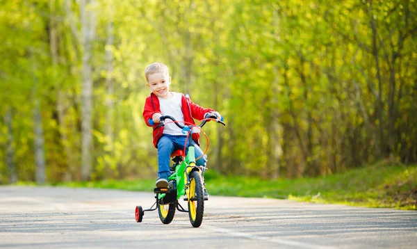 Menino de treinamento para andar de bicicleta com rodas de apoio nas laterais, fundo parque de verão — Fotografia de Stock