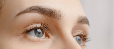 Güzel kaşları olan genç bir kadın. Kaş kıllarının düzeltilmesi