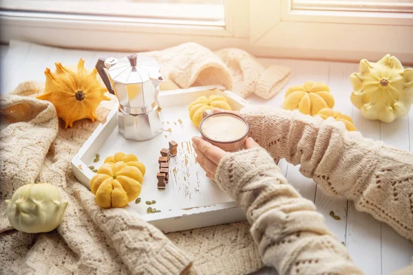 Herbststimmung, warme Tasse heißer Kaffee wärmt in den Händen der Frau am Fenster — Stockfoto