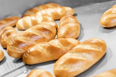 Fırından otomatik üretim hattındaki fırında pişmiş ekmek.