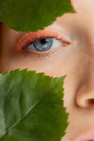 Kreatives Makrofoto roter Wimpernverlängerungen mit grünen Blättern und blauen Augen — Stockfoto