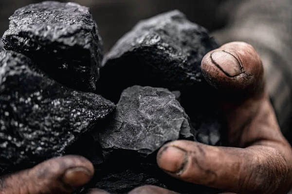 Closeup Miner drží uhelnou palmu. Koncept těžby, Pohled shora — Stock fotografie