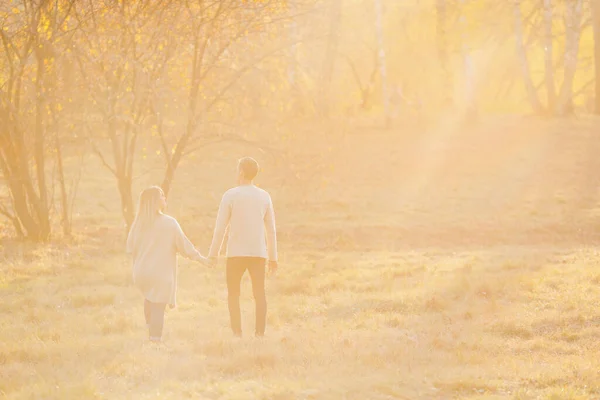 Visão traseira, casal apaixonado homem e mulher de mãos dadas, luz do sol amarelo — Fotografia de Stock