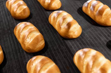 Otomatik üretim hattı fırınında taze pişmiş ekmek. Endüstriyel üretim