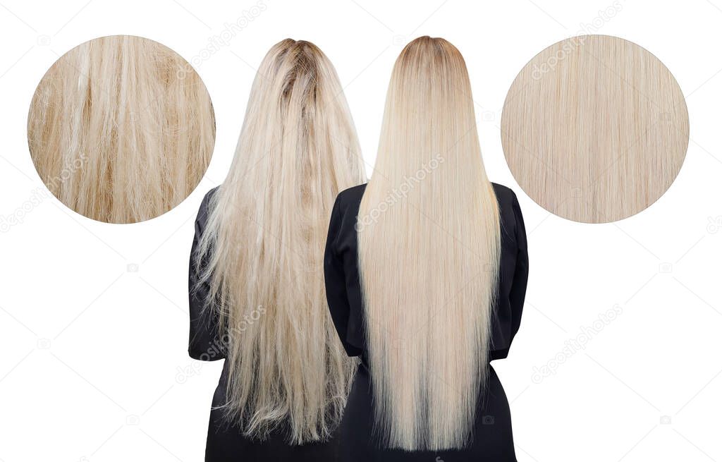 Sick, cut and healthy hair care keratin. Before and after treatment. White isolated background