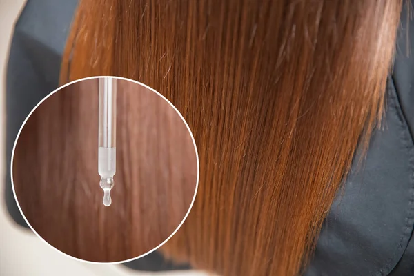 Лечение женских волос маслом. Концепция парикмахерской — стоковое фото