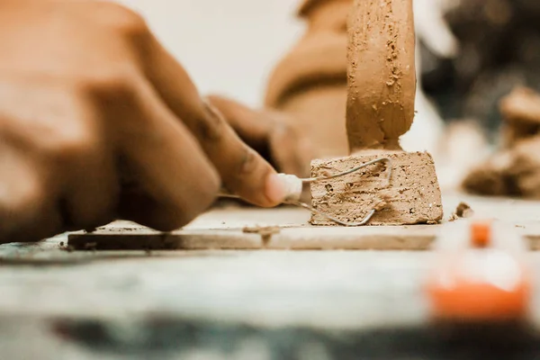 Messy Hands Working Clay Close Focus Potters Palms Pottery — Stock Photo, Image