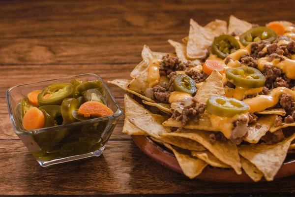 Nacho Chips Corn Garnished Ground Beef Melted Cheese Jalapenos Peppers — Stock Photo, Image