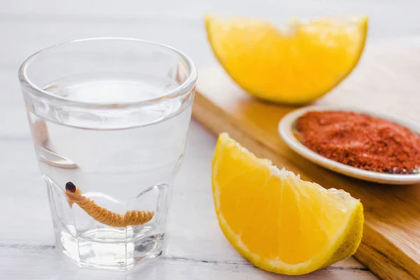 Mezcal Shot Mit Chilisalz Und Agavenwurm Mexikanisches Getränk Mexiko — Stockfoto