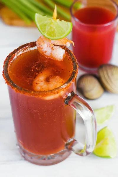 Michelada Beer Tomato Juice Shrimps Clam Lemon Mexican Drink Cocktail — Stock Photo, Image