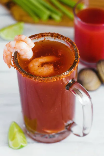 Michelada Beer Tomato Juice Shrimps Clam Lemon Mexican Drink Cocktail — Stock Photo, Image