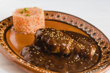 Köstebek Poblano tavuk ve pirinç ile Puebla Meksika Meksika besindir