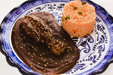 Köstebek Poblano tavuk ve pirinç ile Puebla Meksika Meksika besindir