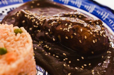 Köstebek Poblano tavuk ve pirinç ile Puebla Meksika Meksika besindir