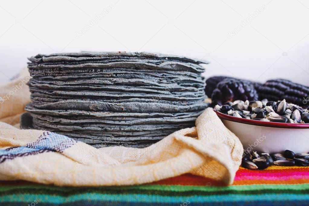 tortillas azules, blue corn, mexican food traditional food in mexico in white background