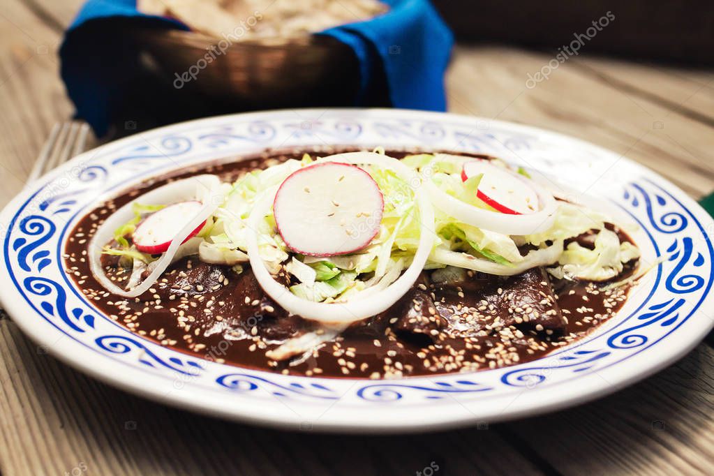 Enchiladas with mole sauce, Traditional mexican food in Puebla Mexico