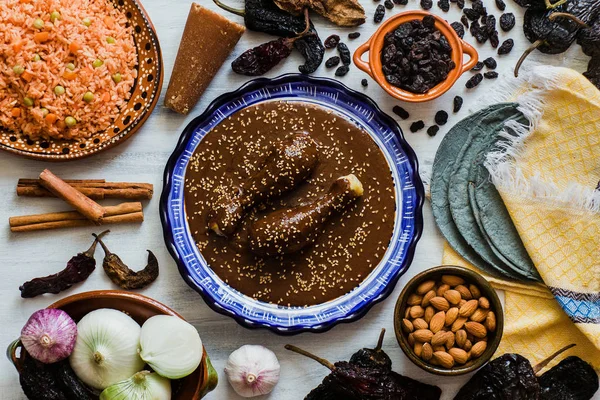 Mullvad Mexikanska, Poblano mullvad ingredienser, mexikanska kryddig mat traditionell i Mexiko — Stockfoto