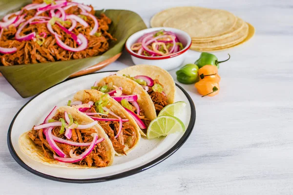 Cochinita Pibil, tacos mexicanos Cocina maya de Yucatán México —  Fotos de Stock