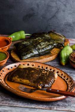 Tamales Oaxaqueos Meksika 'da Meksika usulü mısır hamuru, tavuk ya da domuz etiyle Meksika usulü muz yapraklarına sarılmış geleneksel bir Meksika yemeğidir.